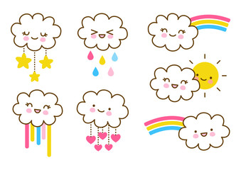 Cute little clouds with raindrops, rainbows, stars, hearts and sun - kawaii elements for kids design