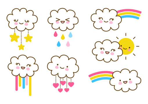 Cute little clouds with raindrops, rainbows, stars, hearts and sun - kawaii elements for kids design