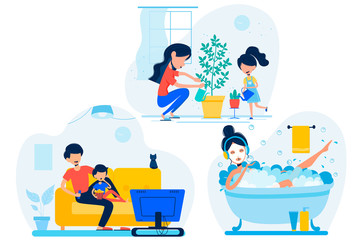 Family is staying at home on quarantine and spending time together. Set of illustrations of home activities for family. Vector flat style illustration