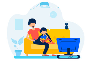 father with his son are sitting on sofa and watching TV in the living room. Happy family staying at home and spending time together. Vector flat style illustration