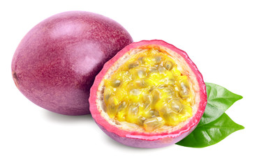 fresh passion fruits with leaves isolated on white background. exotic fruit