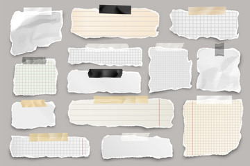 Obraz premium Ripped paper strips with adhesive tape. Realistic crumpled paper scraps with torn edges. Lined shreds of notebook pages. Vector illustration.