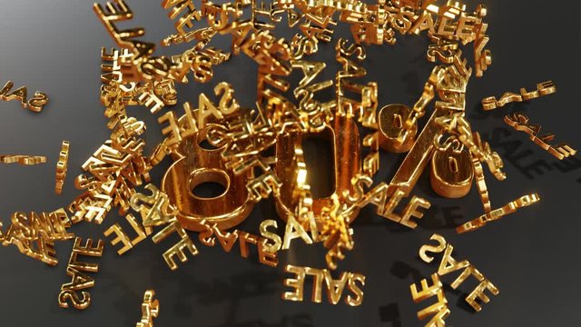 Gold lettering SALE falls and bounces off the lettering 80%, eighty percent. Realistic 3D 4K animation.