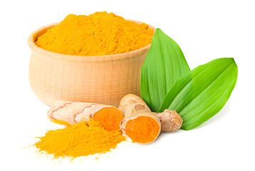 Turmeric powder with turmeric root isolated on white background