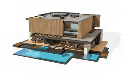 3d rendering of modern cozy house with parking and pool for sale or rent with wood plank facade. Isolated on white