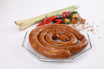 Local Northern Thai food , Northern Thai spicy sausage street food isolated in white background