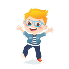 Vector european boy with eyeglasses jumping and laughing. Cartoon character design, isolated on white background.