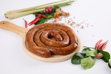 Local Northern Thai food , Northern Thai spicy sausage street food isolated in white background