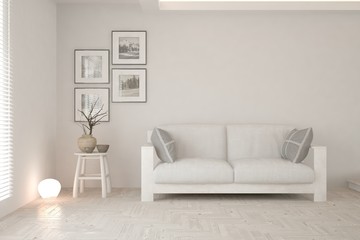 White living room with sofa. Scandinavian interior design. 3D illustration