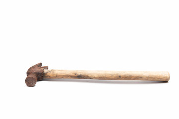 old rusty and dirty wooden handle hammer isolated on white background.