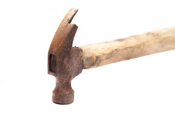 old rusty and dirty wooden handle hammer isolated on white background.