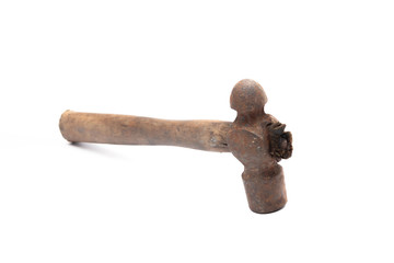 old rusty and dirty wooden handle hammer isolated on white background.