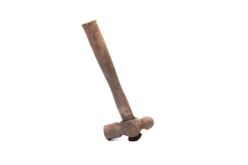 old rusty and dirty wooden handle hammer isolated on white background.