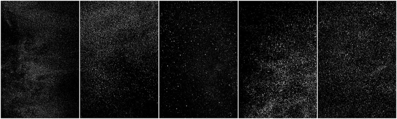 Set of distressed white grainy texture. Dust overlay textured. Grain noise particles. Snow effects pack. Rusted black background. Vector illustration, EPS 10.   