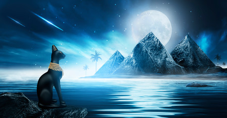 Futuristic night landscape with abstract landscape and island, moonlight, shine. Dark natural scene with reflection of light in the water, neon blue light. Dark neon circle background. 