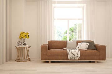 White living room with sofa. Scandinavian interior design. 3D illustration