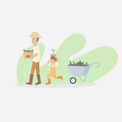 Father teaching son to gardening,boy smiled happy to help his father grow plants,Vector illustration.