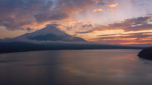 Mt Fuji sunset at Lake Yamanakako aerial view with clouds