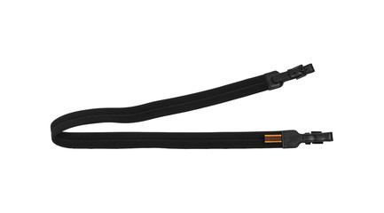 Black neoprene shoulder strap with leather inserts and metal buckles isolate on a white back. Strap...