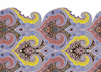 Paisley wallpaper. Indonesian batik. Bright classic indian fabric. Paisley wallpaper. Ethnic background with paisley and stylized flowers. For textile, cover, wrapping paper, fabric