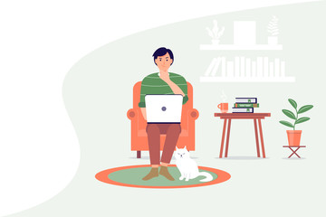 A male character works or studies online. Work or home education. Young man thought while sitting in a armchair with a laptop. Home office concept. Cute vector illustration.