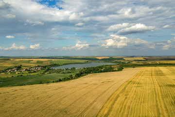 Obraz premium Aerial rural landscape with yellow patched agriculture fields and blue sky with white clouds.