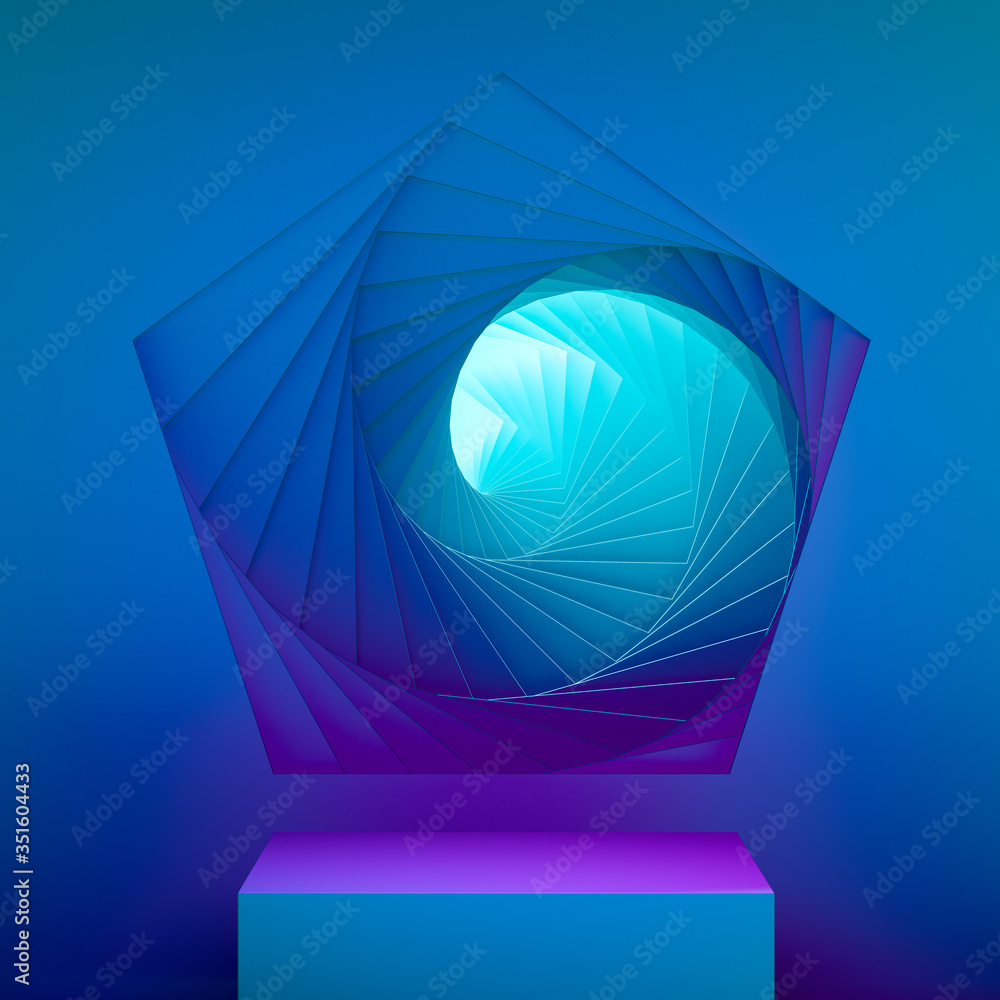 Poster blue foursquare showcase with empty space on pedestal on blue background near abstract geometric arc