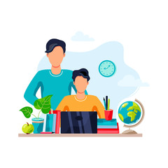 Home learning, home activity concept. Father is helping student to do homework. Vector illustration isolated on white background. Flat cartoon style design.
