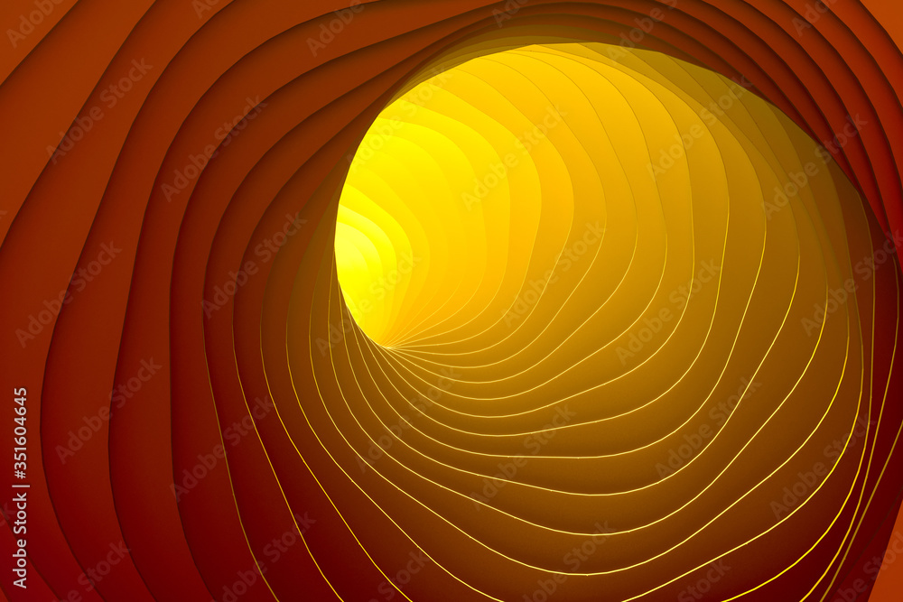 Poster orange tunnel with waves illuminated by yellow light in the end. 3d rendering