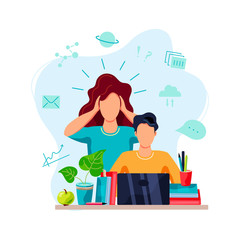 Home learning, home schooling concept. Mother is tired to help student doing homework. Vector illustration isolated on white background. Flat cartoon style design.