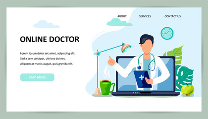Tele medicine, online doctor and medical consultation concept. Doctor helps a patient on a laptop. Flat cartoon style vector illustration.