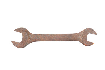 Old rusty wrench isolated on white background. 