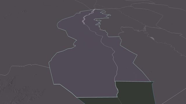 White Nile, state with its capital, zoomed and extruded on the administrative map of Sudan in the conformal Stereographic projection. Animation 3D