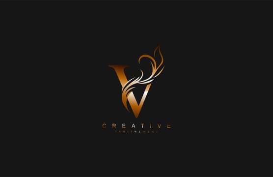 V Linked Artistic Gradient Gold Flourish Swoosh Shape Logotype
