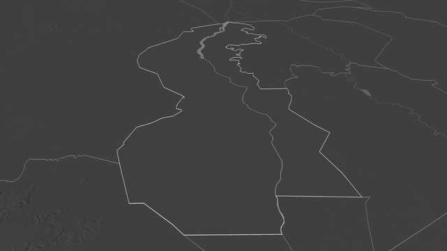 White Nile, state with its capital, zoomed and extruded on the bilevel map of Sudan in the conformal Stereographic projection. Animation 3D