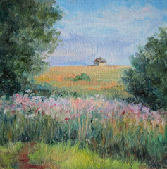 Little house on the horizont, oil painting
