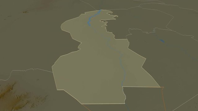 White Nile, state with its capital, zoomed and extruded on the relief map of Sudan in the conformal Stereographic projection. Animation 3D