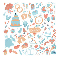 Big set of icons for wedding day, Valentines day, Mothers day or love and romantic events. Flat vector illustration.