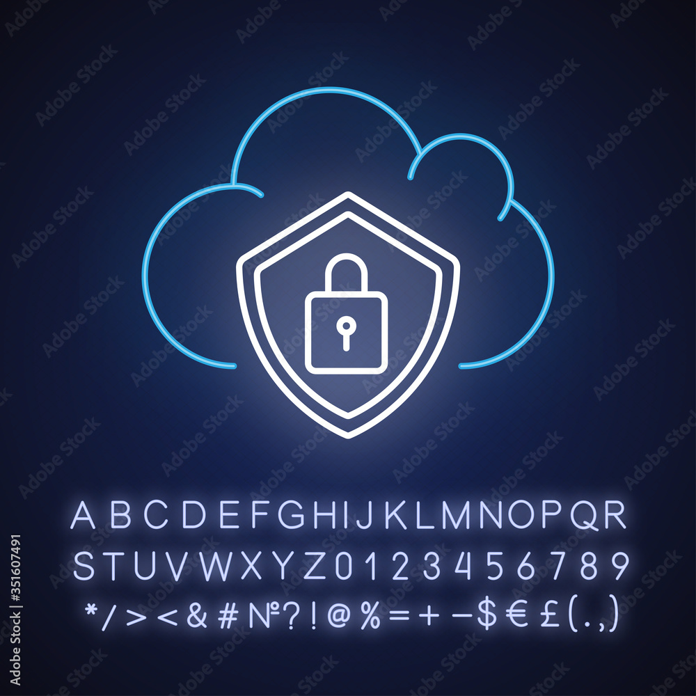 Poster cloud security neon light icon. personal internet page encryption. digital data protection. outer gl