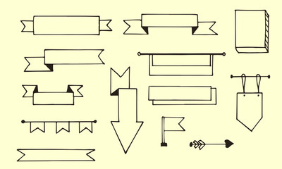 Vector set of hand drawn sketch ribbons, flags and arrows