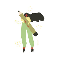 Illustration of a woman holding a pencil. Freedom of creativity. The process of writing. Creative girl. Flat style modern design for web page, social networks, poster, banner