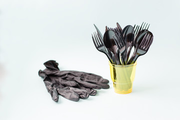 Many plastic and rubber trash. Glasses, devices, medical masks and gloves.