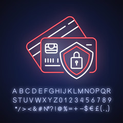 Bank account security neon light icon. Money fraud protection. Credit card password. Outer glowing effect. Sign with alphabet, numbers and symbols. Vector isolated RGB color illustration