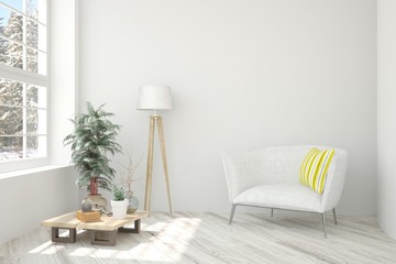 White living room with armchair. Scandinavian interior design. 3D illustration