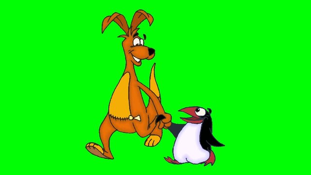 Cartoon characters kangaroo and penguin-walk in a cycle on a green chromakey.