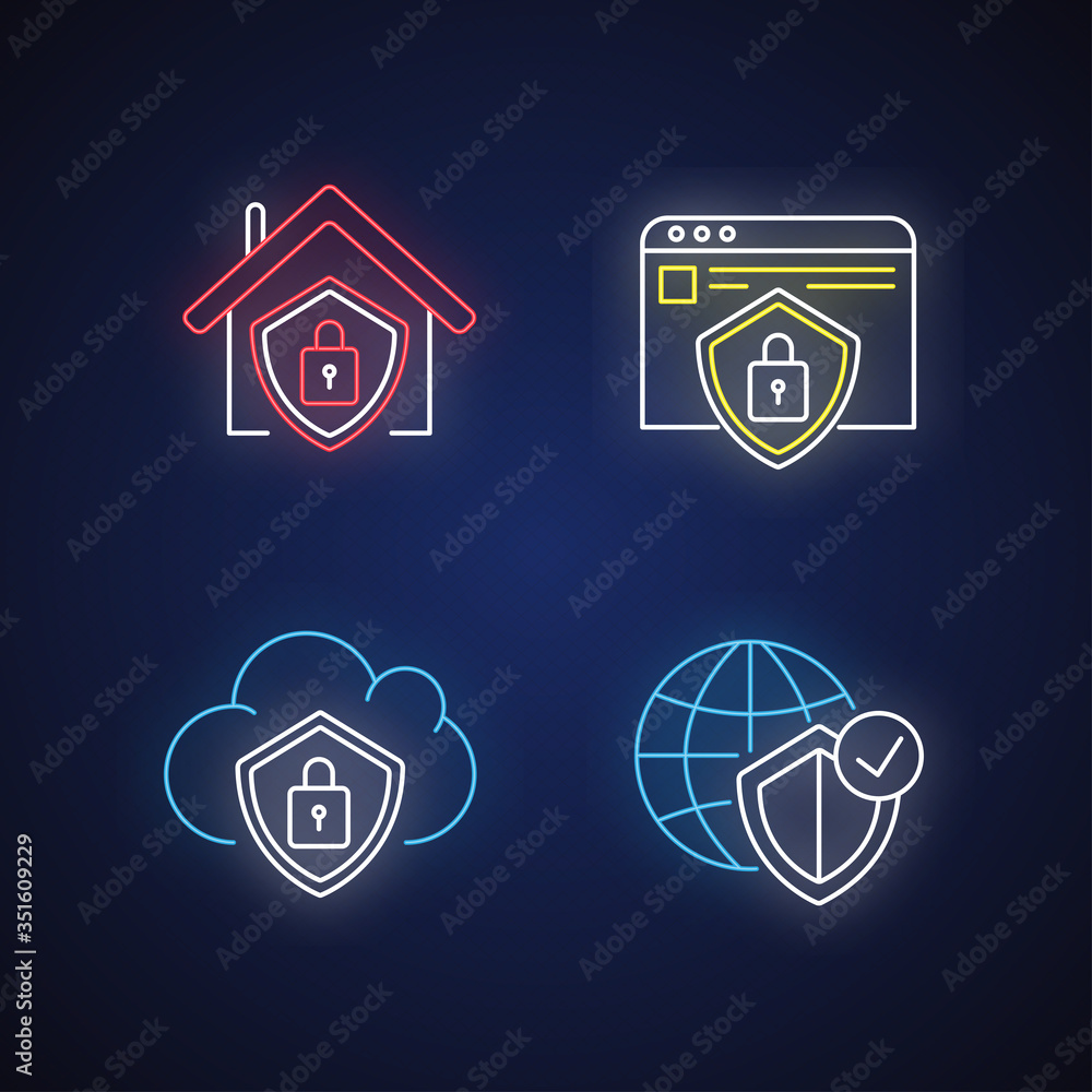 Poster internet security system neon light icons set. smart home lock. cloud computing safety. personal inf