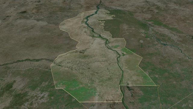 White Nile, state with its capital, zoomed and extruded on the satellite map of Sudan in the conformal Stereographic projection. Animation 3D