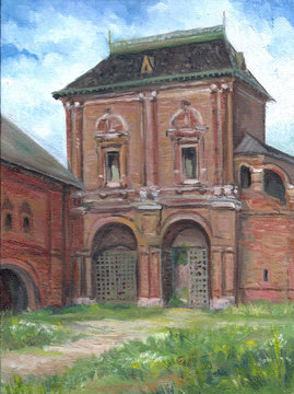 Gate of the monastery, sunny summer day, oil painting