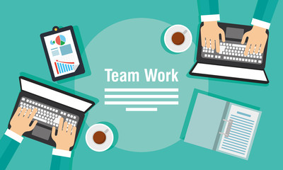 teamwork banners with laptops and icons