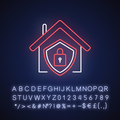 Smart home security system neon light icon. Modern house alarm. Building electronic lock. Outer glowing effect. Sign with alphabet, numbers and symbols. Vector isolated RGB color illustration